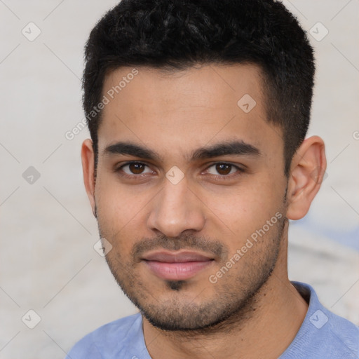 Neutral latino young-adult male with short  black hair and brown eyes