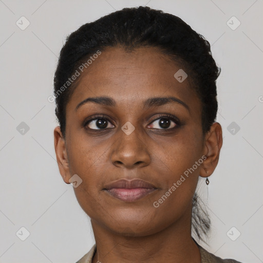 Neutral black young-adult female with short  brown hair and brown eyes