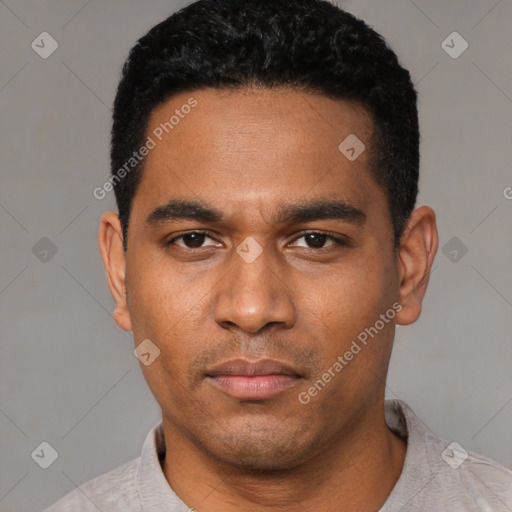 Neutral latino young-adult male with short  black hair and brown eyes