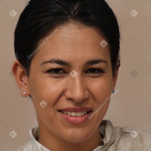 Joyful white adult female with short  brown hair and brown eyes