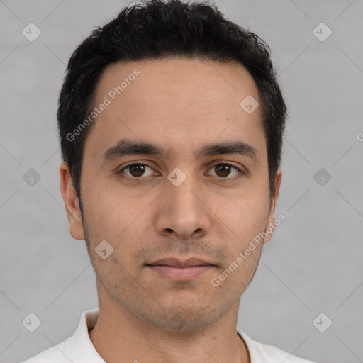 Neutral asian young-adult male with short  black hair and brown eyes