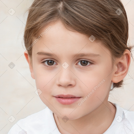 Joyful white child female with short  brown hair and brown eyes