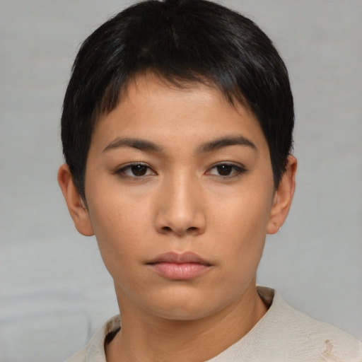 Neutral asian young-adult female with short  brown hair and brown eyes