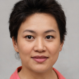 Joyful asian young-adult female with short  brown hair and brown eyes