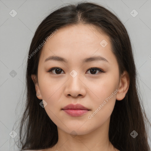 Neutral asian young-adult female with long  brown hair and brown eyes