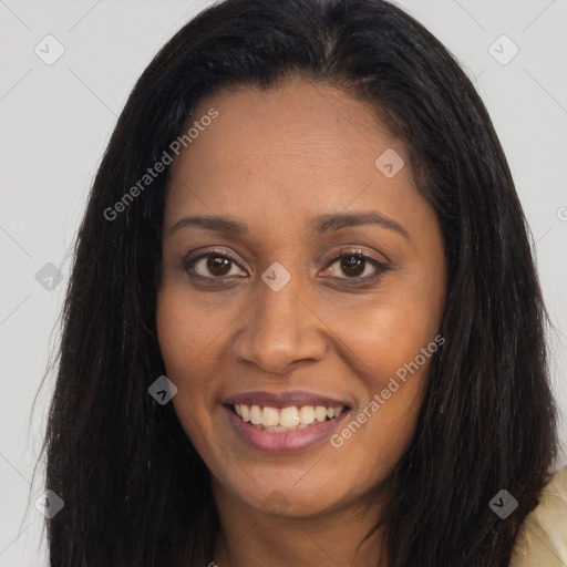 Joyful asian young-adult female with long  brown hair and brown eyes