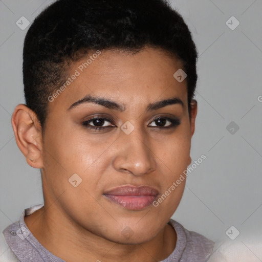 Joyful latino young-adult female with short  brown hair and brown eyes