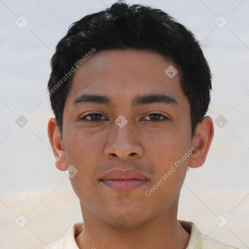 Neutral asian young-adult male with short  brown hair and brown eyes