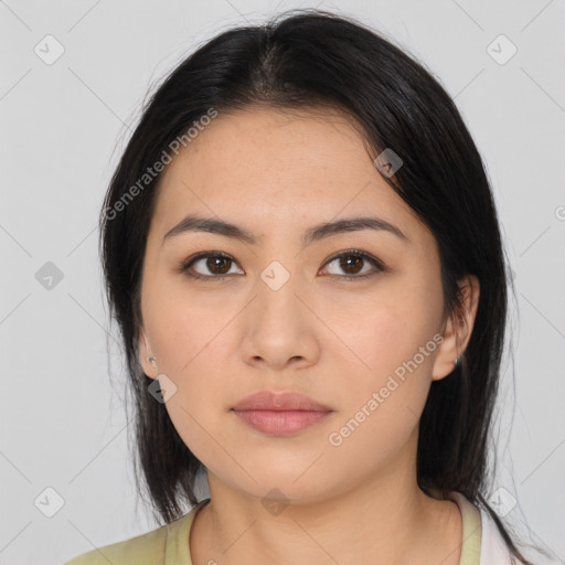 Neutral asian young-adult female with medium  black hair and brown eyes