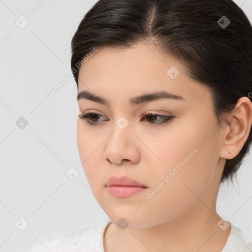 Neutral white young-adult female with medium  brown hair and brown eyes