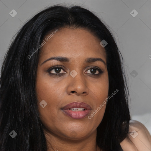 Joyful asian young-adult female with long  brown hair and brown eyes