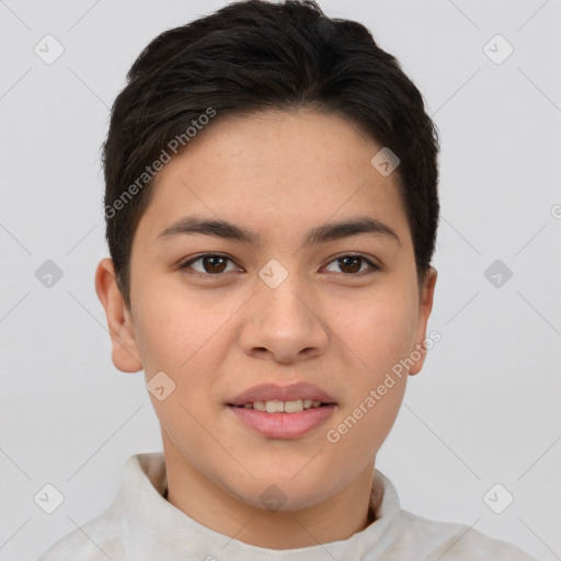 Joyful white young-adult female with short  brown hair and brown eyes