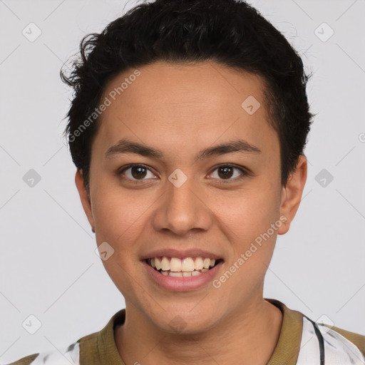 Joyful white young-adult female with short  brown hair and brown eyes