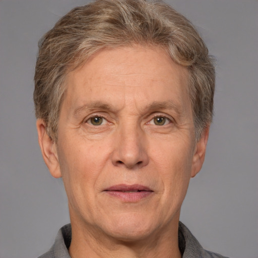 Joyful white middle-aged male with short  brown hair and brown eyes