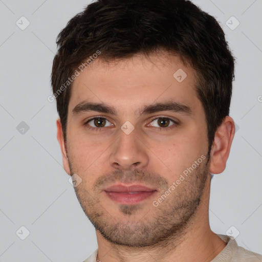 Neutral white young-adult male with short  brown hair and brown eyes