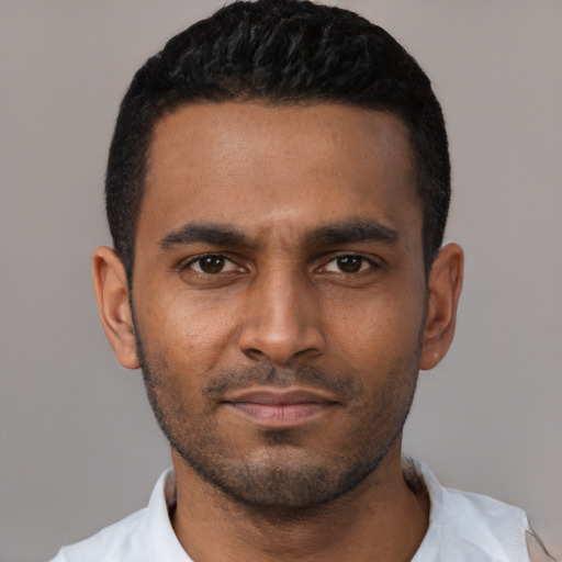 Neutral black young-adult male with short  black hair and brown eyes
