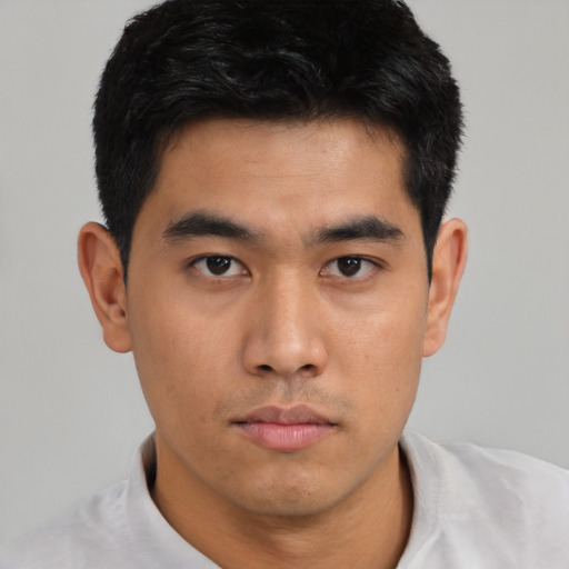 Neutral asian young-adult male with short  black hair and brown eyes