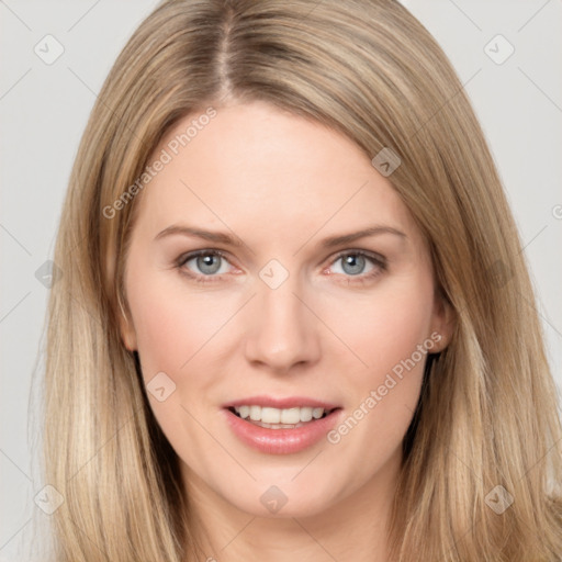 Joyful white young-adult female with long  brown hair and grey eyes