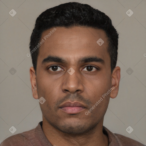 Neutral latino young-adult male with short  black hair and brown eyes
