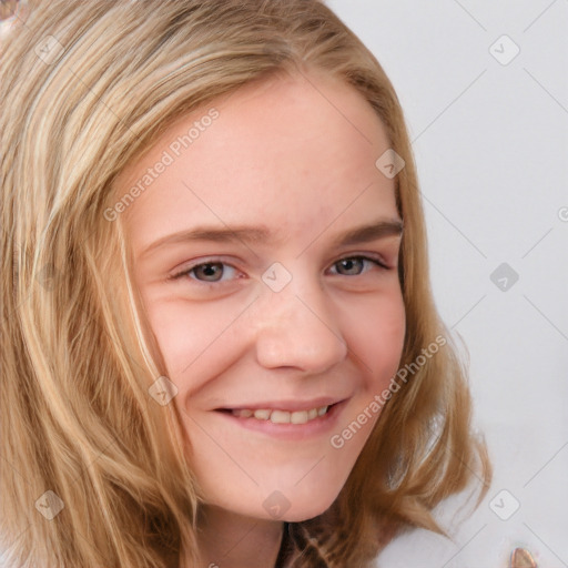 Joyful white young-adult female with long  brown hair and blue eyes