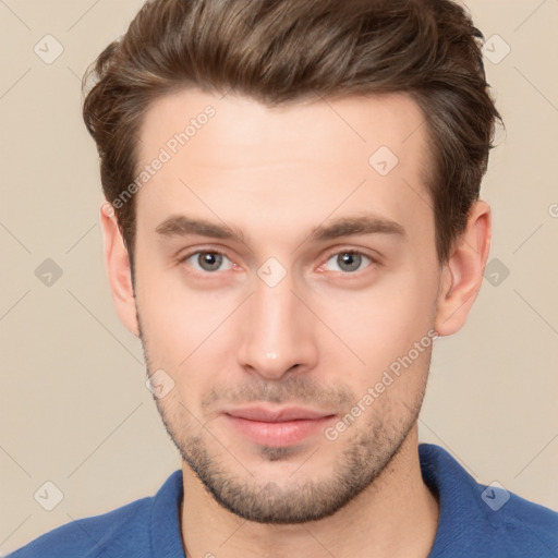 Neutral white young-adult male with short  brown hair and brown eyes