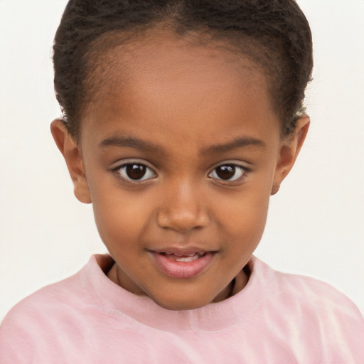 Joyful black child female with short  brown hair and brown eyes