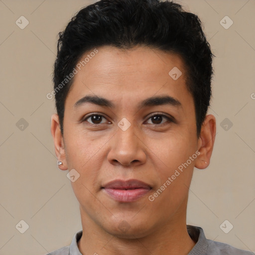 Joyful latino young-adult male with short  black hair and brown eyes