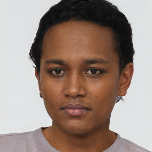 Neutral black young-adult male with short  black hair and brown eyes