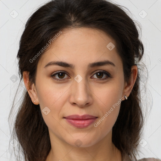 Joyful white young-adult female with medium  brown hair and brown eyes