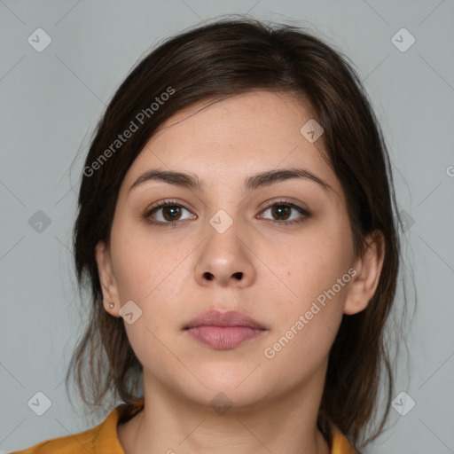 Neutral white young-adult female with medium  brown hair and brown eyes