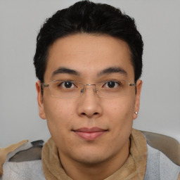 Neutral asian young-adult male with short  black hair and brown eyes