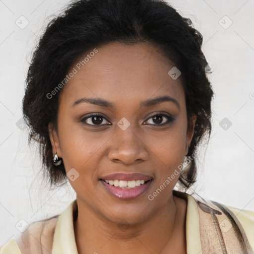 Joyful black young-adult female with long  brown hair and brown eyes