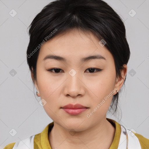 Neutral asian young-adult female with medium  brown hair and brown eyes