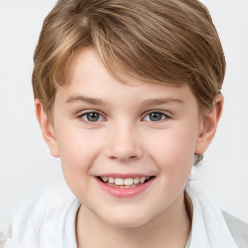 Joyful white child female with medium  brown hair and grey eyes