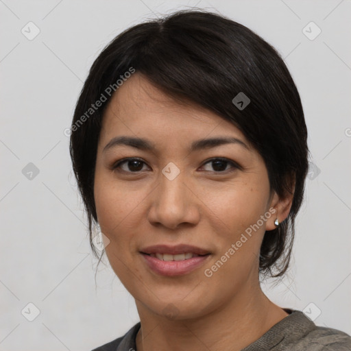 Joyful asian young-adult female with medium  black hair and brown eyes