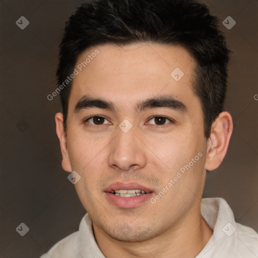 Joyful white young-adult male with short  black hair and brown eyes