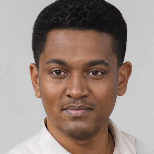 Neutral black young-adult male with short  black hair and brown eyes
