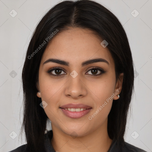 Joyful latino young-adult female with long  brown hair and brown eyes