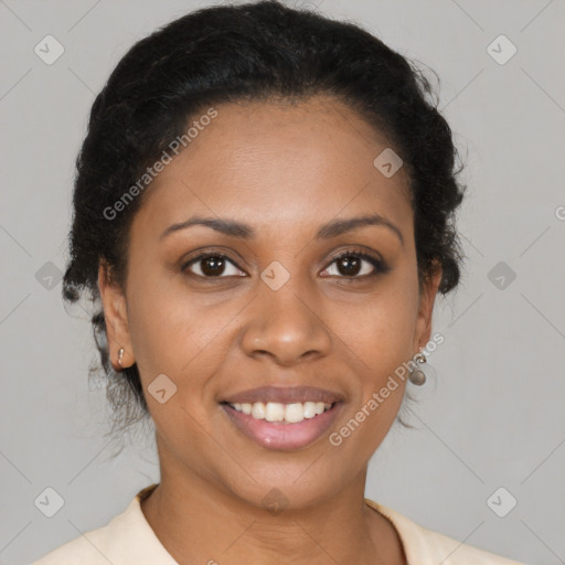 Joyful latino young-adult female with short  brown hair and brown eyes