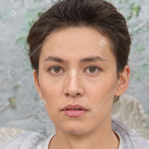 Neutral white young-adult female with short  brown hair and brown eyes