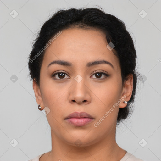 Neutral latino young-adult female with short  brown hair and brown eyes