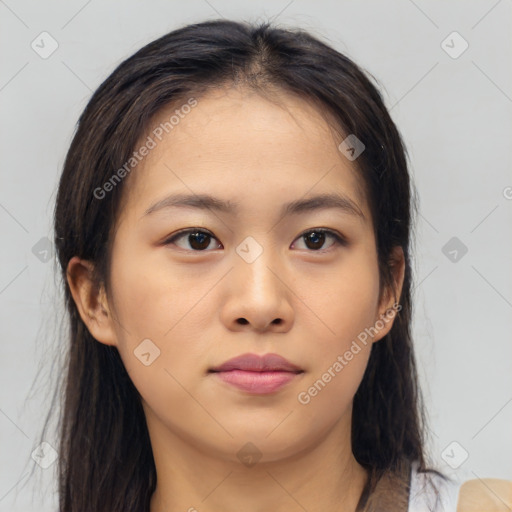 Neutral asian young-adult female with medium  brown hair and brown eyes