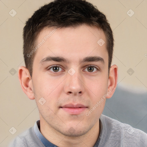 Neutral white young-adult male with short  brown hair and brown eyes