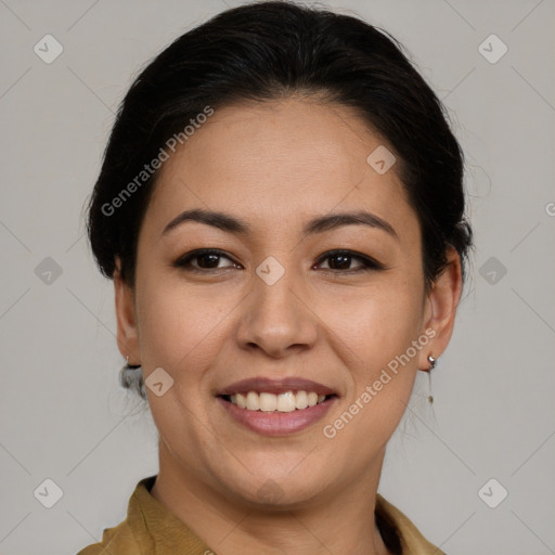 Joyful latino young-adult female with short  brown hair and brown eyes