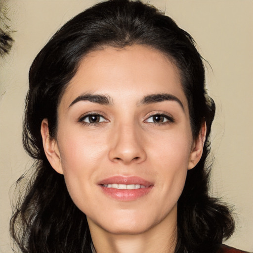 Joyful white young-adult female with medium  black hair and brown eyes