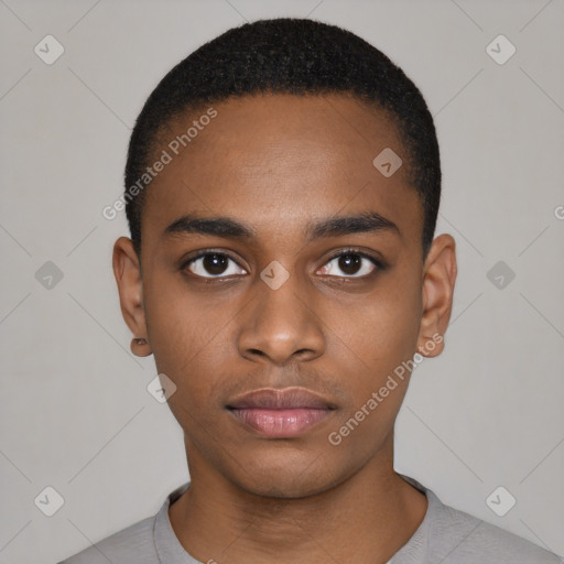 Neutral black young-adult male with short  black hair and brown eyes