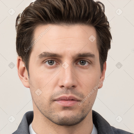 Neutral white young-adult male with short  brown hair and brown eyes