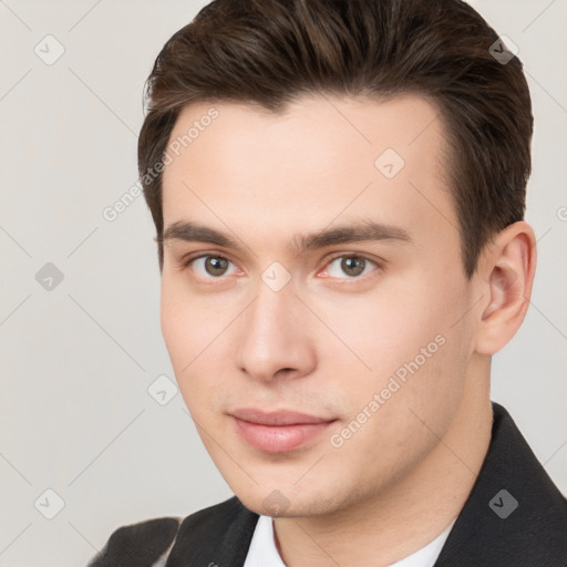 Neutral white young-adult male with short  brown hair and brown eyes