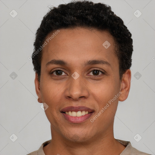 Joyful latino young-adult female with short  brown hair and brown eyes