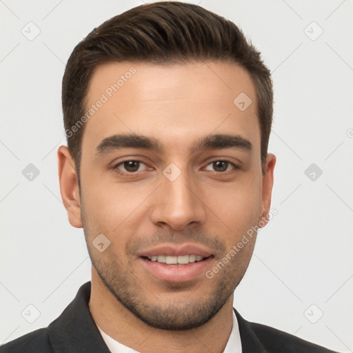 Joyful white young-adult male with short  brown hair and brown eyes